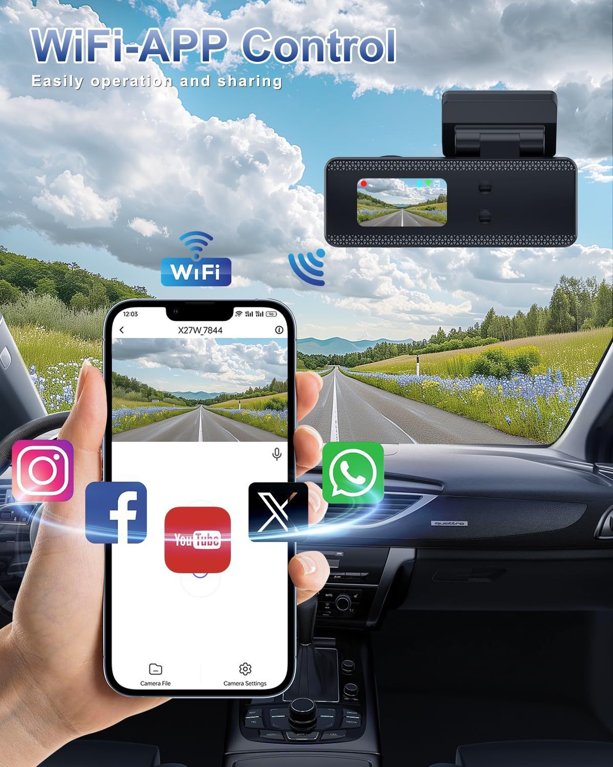 New Model 1.47-Inch 4K High-Definition Night Vision Wifi Connected Car Dash Cam with Dual Front and Rear Cameras