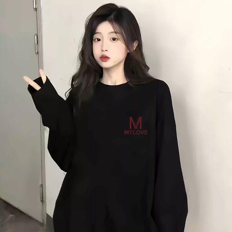 Heavy Weight Black Round Neck Sweatshirt for Women, Spring, Autumn and Winter, Couple Trendy Brand, Simple Style, Loose and Versatile, Warm and Velvet Top