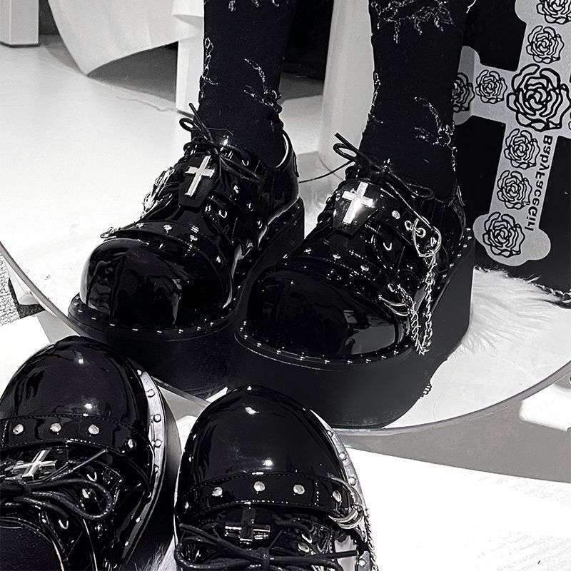 Platform Shoes Yabi Ultra-Thick Sole Devil Shoes Height-Increasing Platform Sole Y2K Gothic Leather Shoes Hot Girl Punk Sold Out