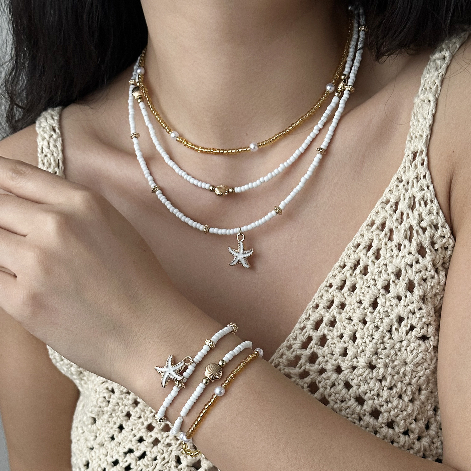 Set ketting en enkelbandje met schelp en ster kralen_voghion.com