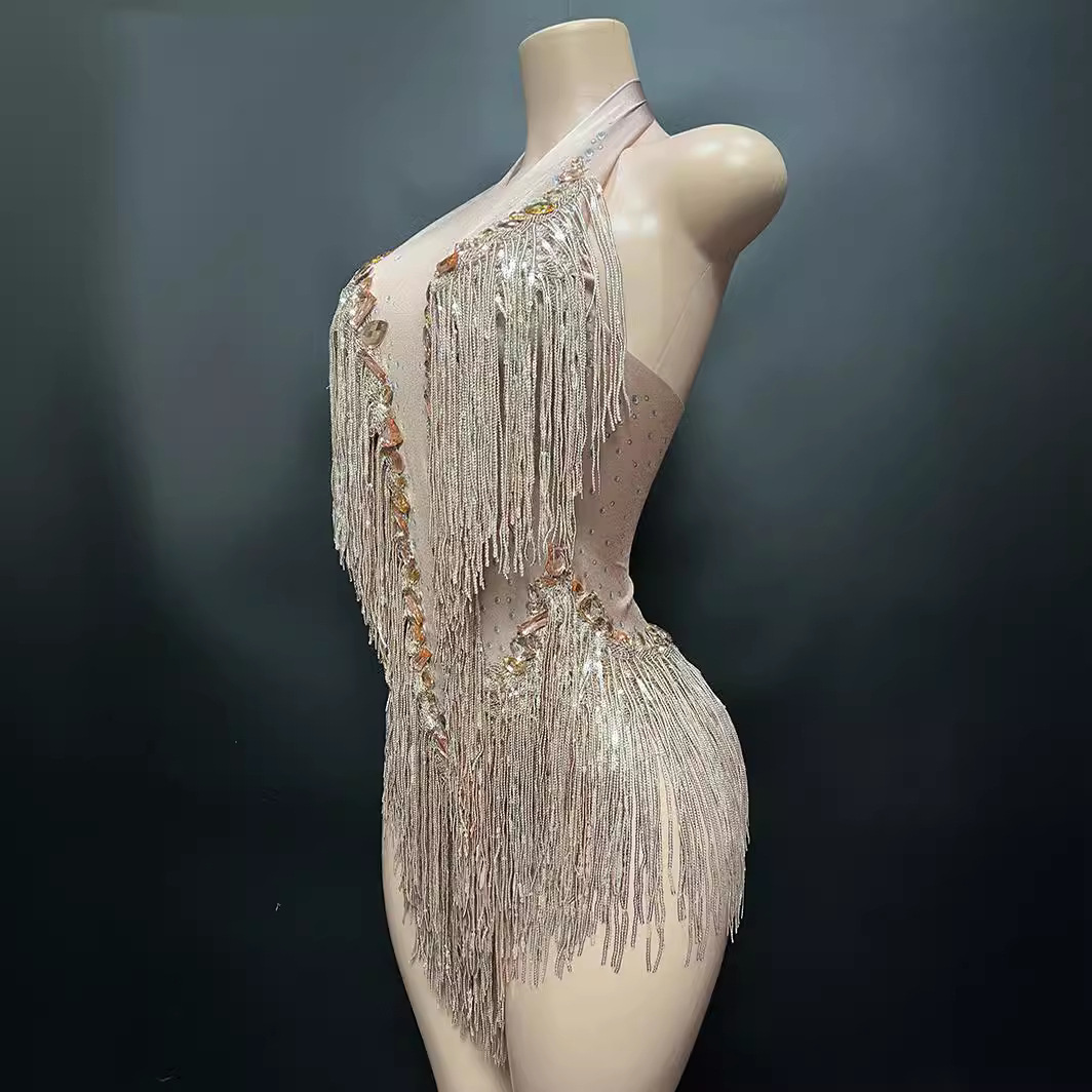 NOCANCE 2023 nuevo champán sexy brillante diamante borla cuello redondo corto elegante de lujo mono