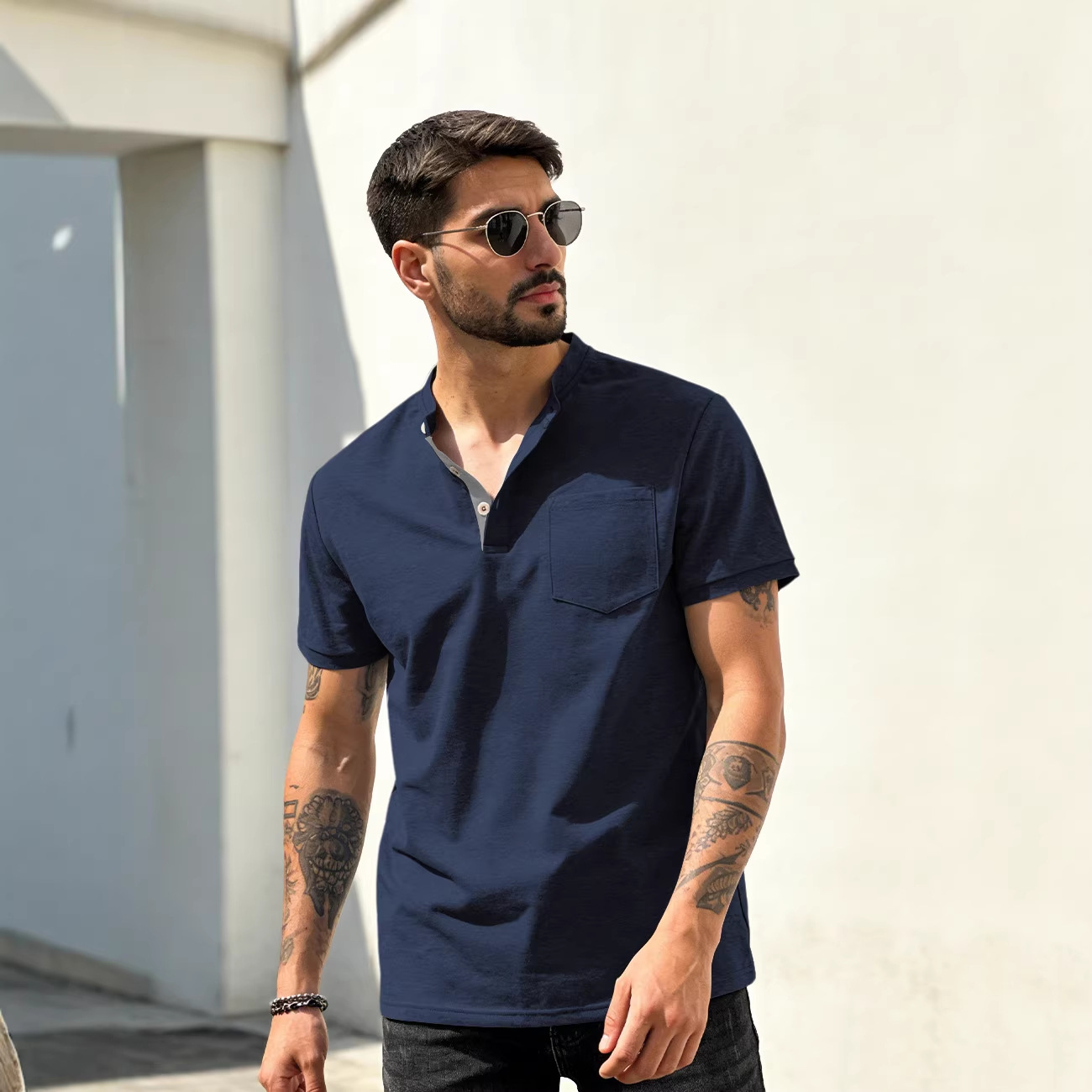 Estación independiente de verano hombre monocolor Henry polo camiseta superior americano casual comercio exterior camiseta de manga corta