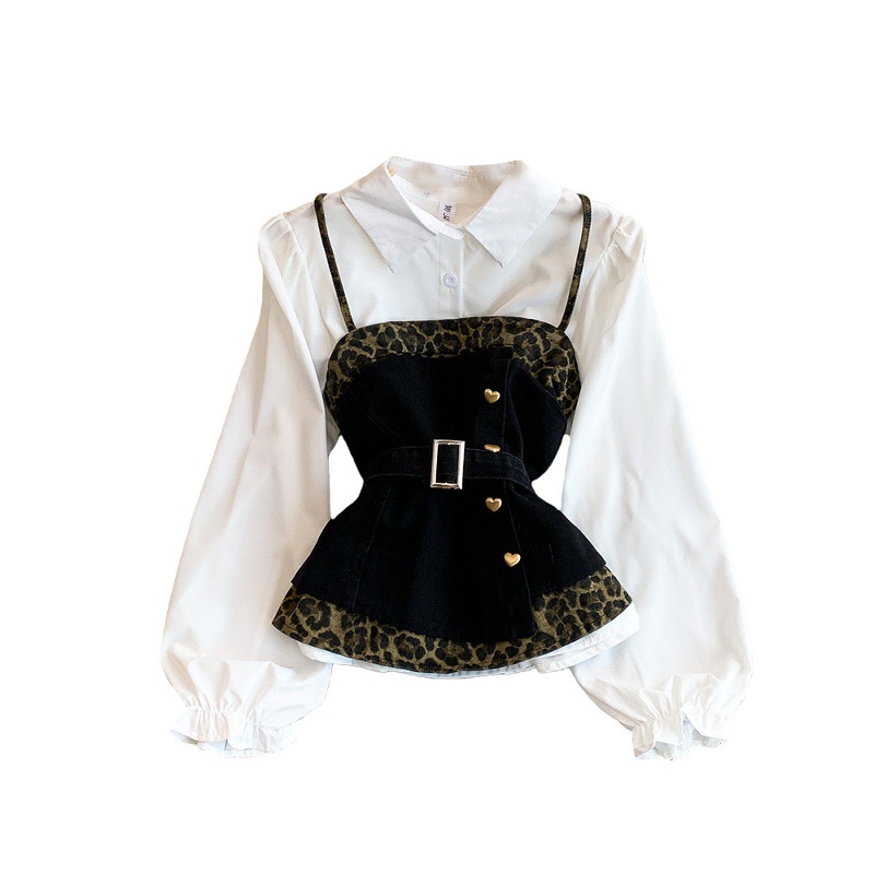 Women's Denim Leopard Print Slimming Shirt Dress Lace Up Design Suspender Top Elegant Fashion Unique Edgy Chic Sophisticated Clothing_ecoleips.com