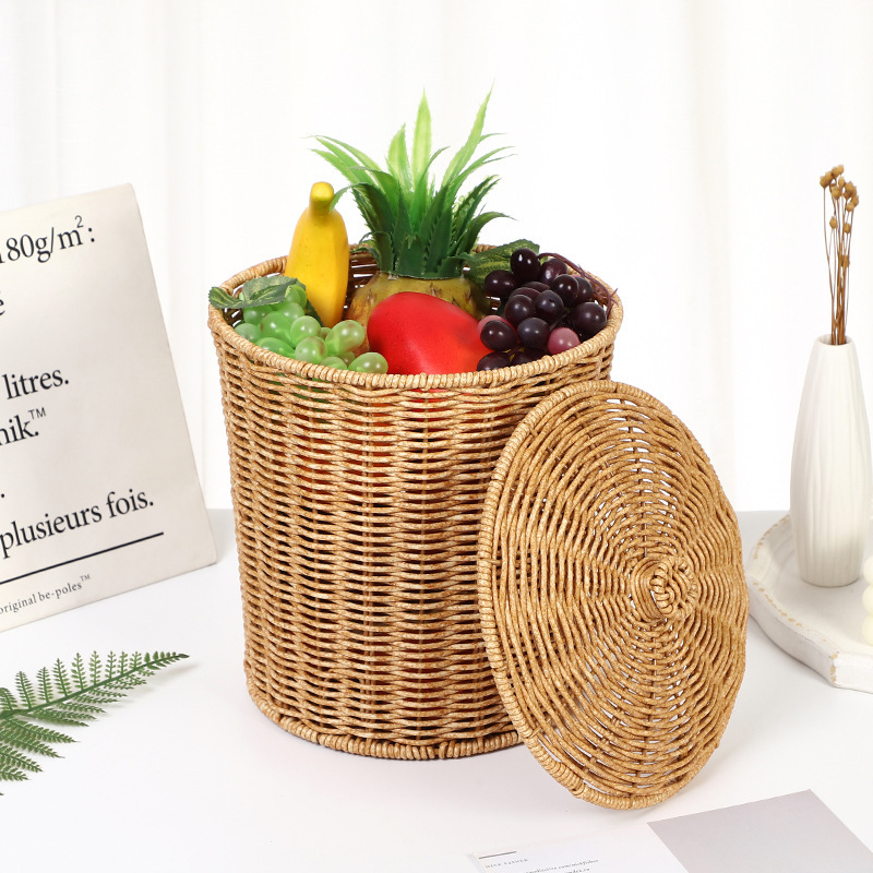 Imitation Rattan Woven Storage Basket Dirty Clothes Basket Large Willow Woven Clothes Hot Pot Shop Clothes Storage Basket Basket Woven Frame with Lid