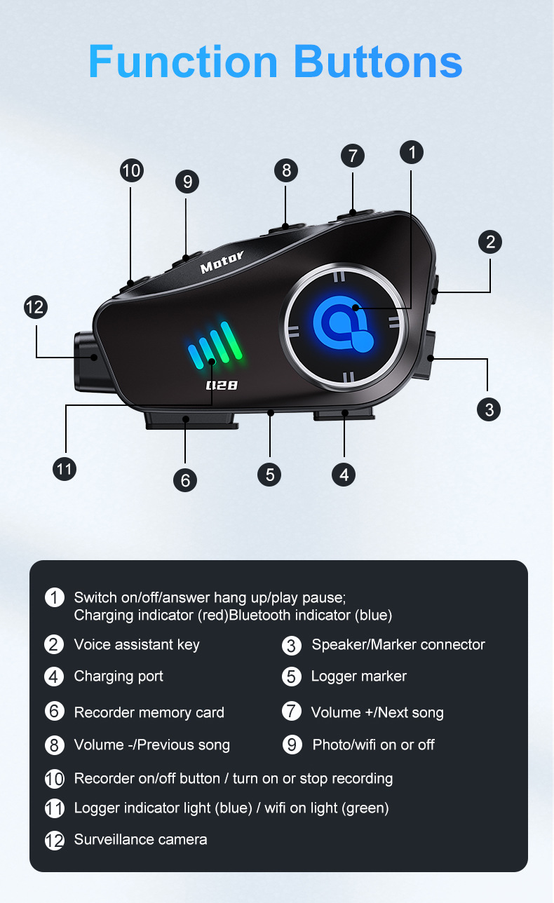 Q28 Helmet Bluetooth Headset Driving Recorder High-Definition Waterproof Motorcycle Helmet Headset Driving Recording Device
