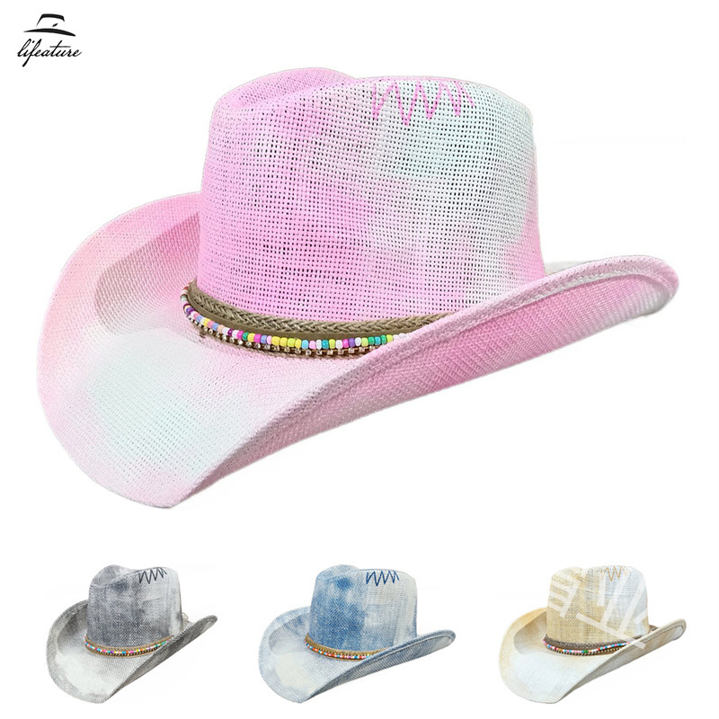 2026 New Product Smudged Gradient Color Western Cowboy Hat for Men and Women European and American Cross-Border Amazon Horseback Riding Sunshade Straw Hat
