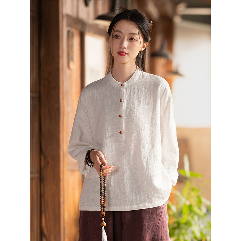 女性用在家服、中国風婦人服、綿麻ボタン付きトップス、禅服、中国風仏教禅無地スーツ|undefined