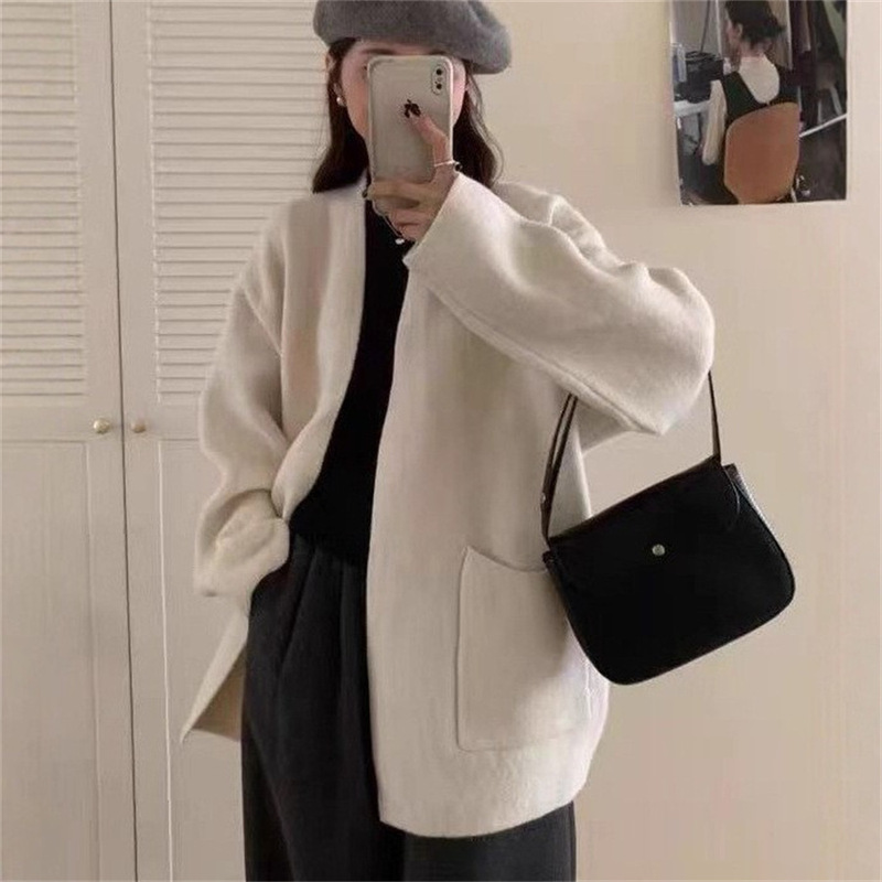韩版宽松V领毛衣外套女秋冬新款简约慵懒风厚实软糯针织开衫上衣|undefined
