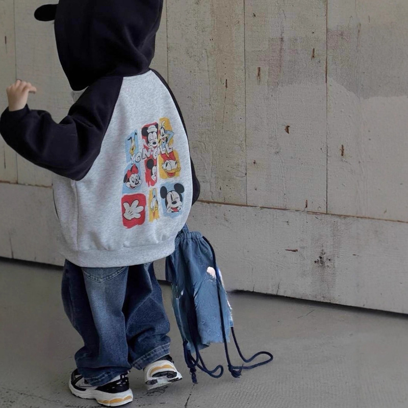 Autumn and Winter Korean Style Cute Mickey Print Hooded Zipper Jacket Sweatshirt for Boys and Girls, Kidsren's Fashion Contrasting Color Cardigan
