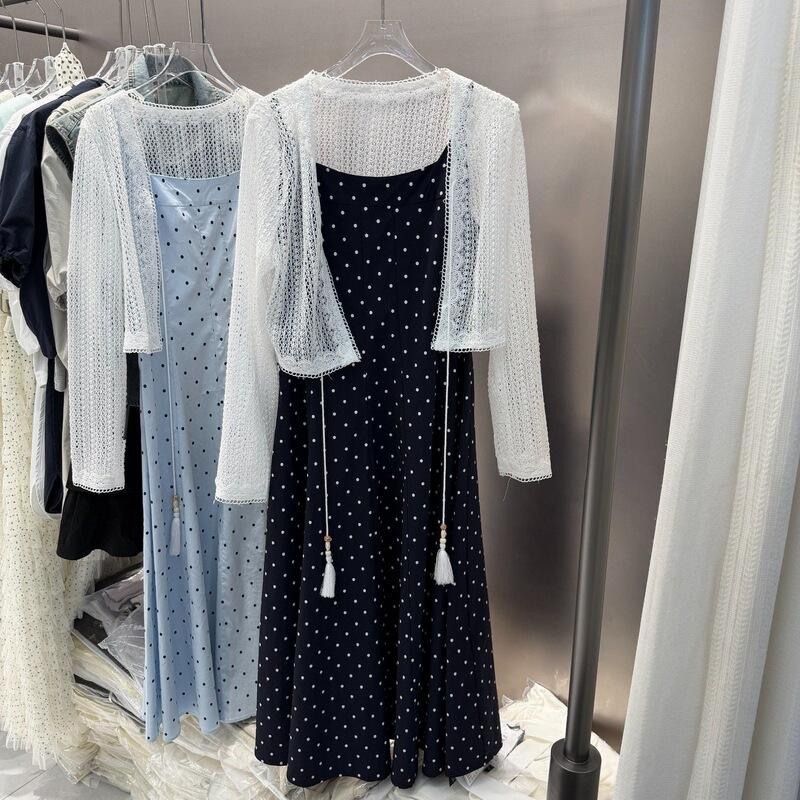 Korean-Style Sweet and Elegant Two-Piece Set with Hollow-Out Design, New Trendy Women's Summer Slip Dress and Cardigan 2026