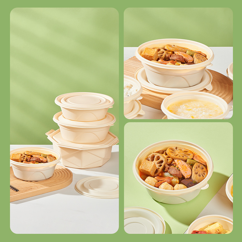 Cornstarch one-time disposable biodegradable food container takeout packing box divided with lid quick meal box round bowl