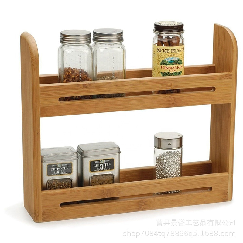 The new solid wood seasoning rack original color storage box dual -layer kitchen organizes hollow wall -mounted double -layer kitchen seasoning rack