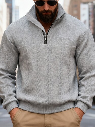 Cross-border American retro casual stand-collar zipper pullover loose knit heavy stitching jacquard autumn and winter long-sleeved hoodie