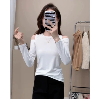 一件代发秋冬莫代尔260克韩系圆领露肩长袖t恤女修身内搭打底上衣