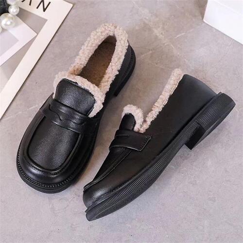 Fleece-lined warm women's leather shoes—autumn/winter new arrival, versatile chunky-soled loafers, slip-on loafers, cotton shoes.