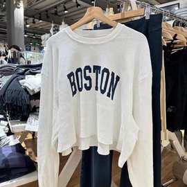 BM风新款BOSTON印花白色华夫格毛边圆领长袖T恤 bm纯欲内搭上衣女