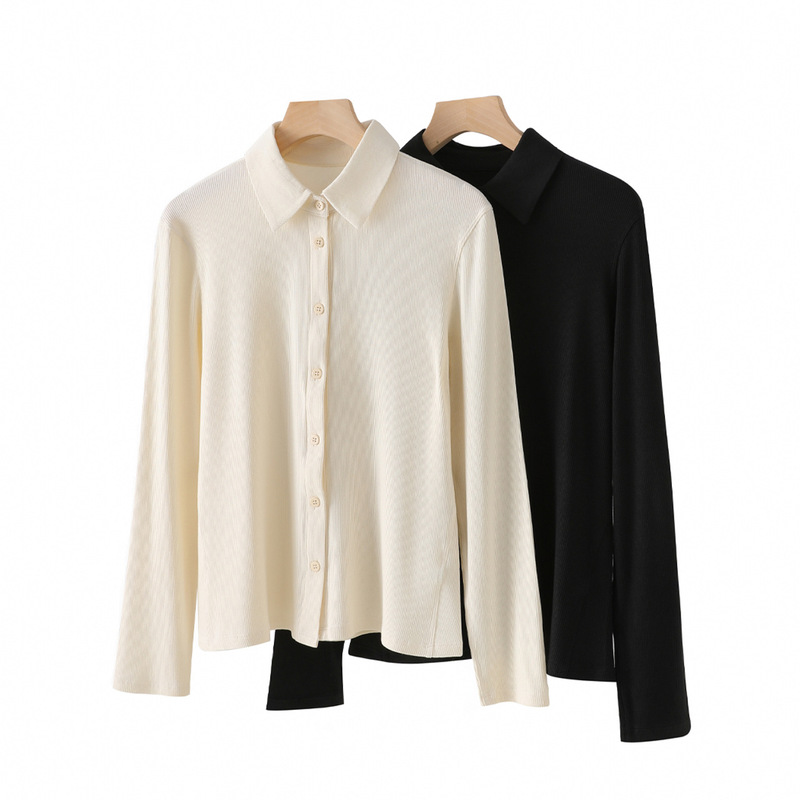 Lu Brand Same Style Slim-Fit Long-Sleeve Ribbed Knit Shirt for Women, Solid Color V-Neck, Elegant Workwear Top