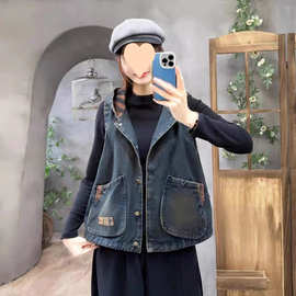 连帽牛仔马甲女春秋复古印花大口袋显瘦背心休闲短款开衫上衣外套