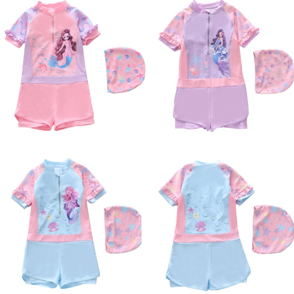 New Children's Swimsuits, Girls' One-Piece Swimsuits, Small, Medium and Large Children's Girls' Sun Protection Sports Short-Sleeved Girls' Swimsuits