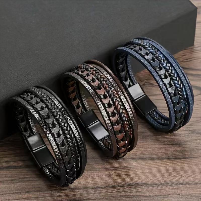 Cross-border best-selling men's multi-layer woven leather bracelet, handmade leather cord magnetic clasp bracelet, trendy handmade accessory Cross-border best-selling men's multi-layer woven leather bracelet, handmade leather cord magnetic clasp bracelet, trendy handmade accessory