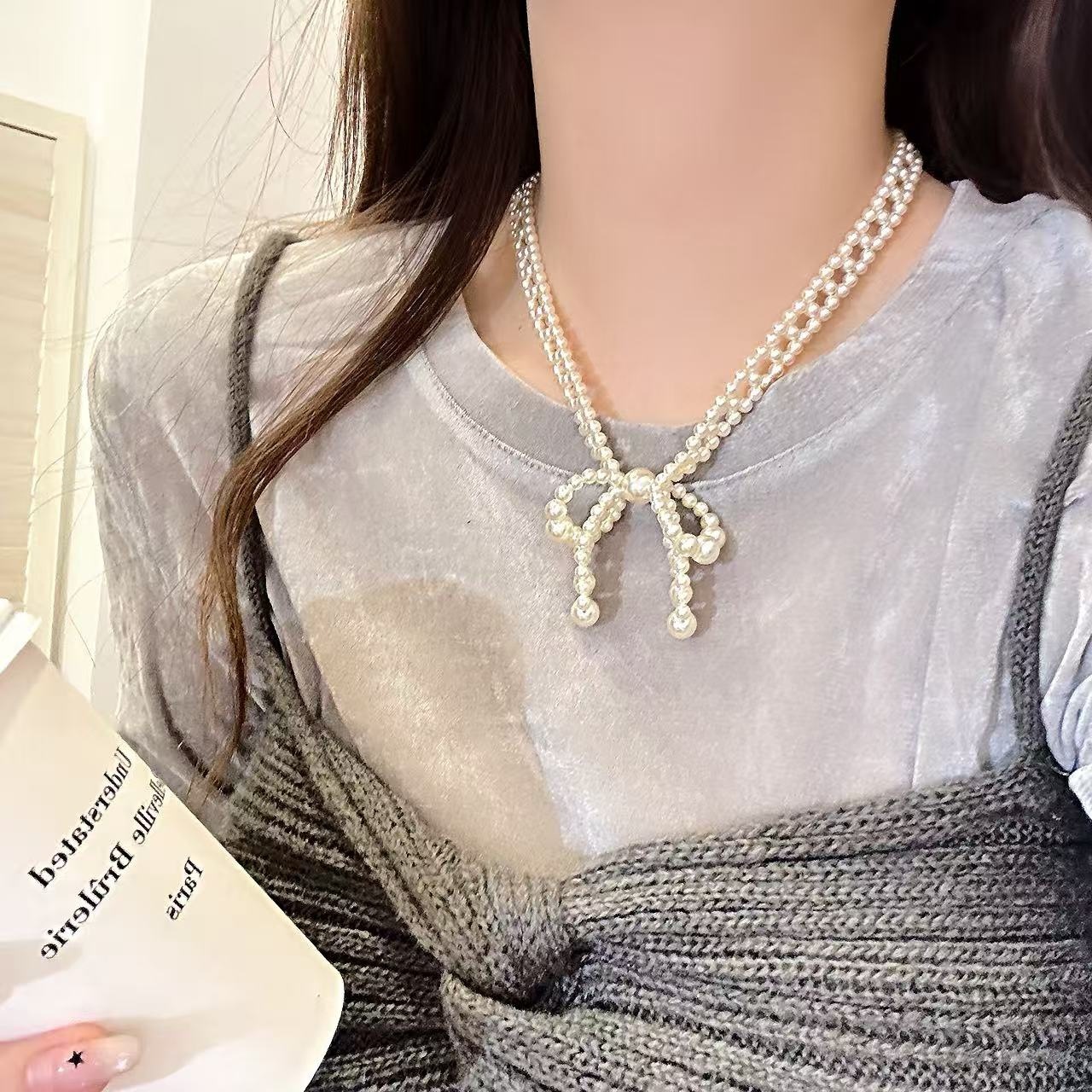 프렌치 리본 진주 목걸이 데일리 쇄골 체인 남녀공용 패션 액세서리