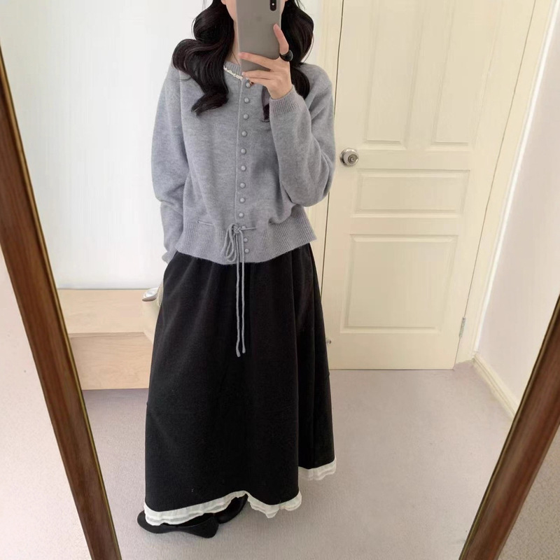 温柔风抽绳长袖毛衣女2秋冬新款收腰显瘦荷叶边设计感针织上衣女|undefined