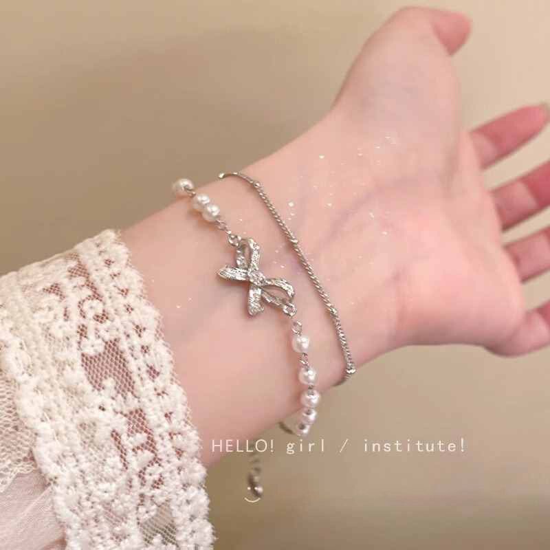 Double Bow Pearl Bracelet Women's 2024 New Beaded Bracelet Light Luxury Niche Exquisite Girlfriend Bracelet