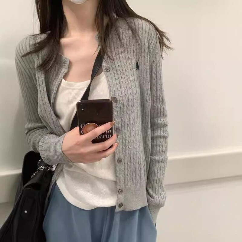 拉夫小马圆领刺绣针织开衫女新款复古麻花显瘦针织衫上衣外套毛衣|undefined