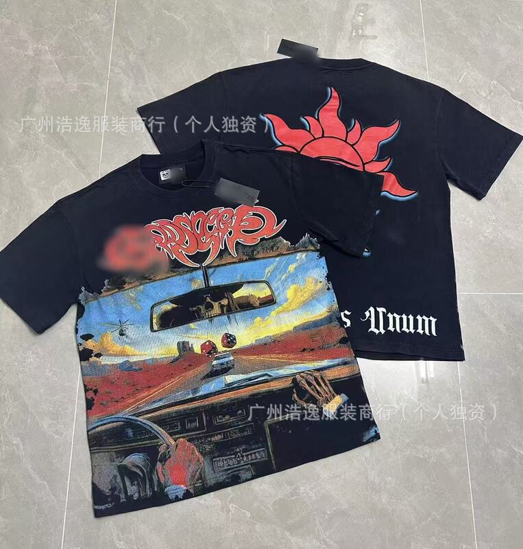 25ssアメリカのトレンドブランドGOD、ハイストリート、ウォッシュ加工、ヴィンテージ風プリント、ジョイントデザイン、レトロな夏用ルーズフィット半袖Tシャツ、男女兼用|undefined