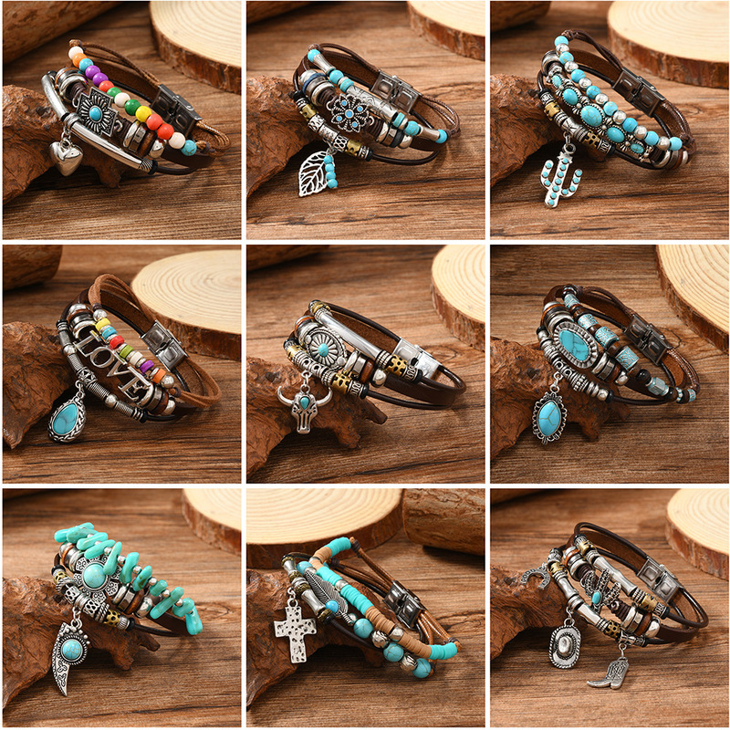 Men's and Women's Bracelets Western Hat Animal Head Leaf Feather Bead Pendant Turquoise Stainless Steel Leather Bracelet Leather