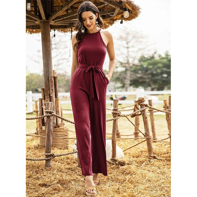 sleeveless solid color straight lace-up jumpsuit NSMAN53260