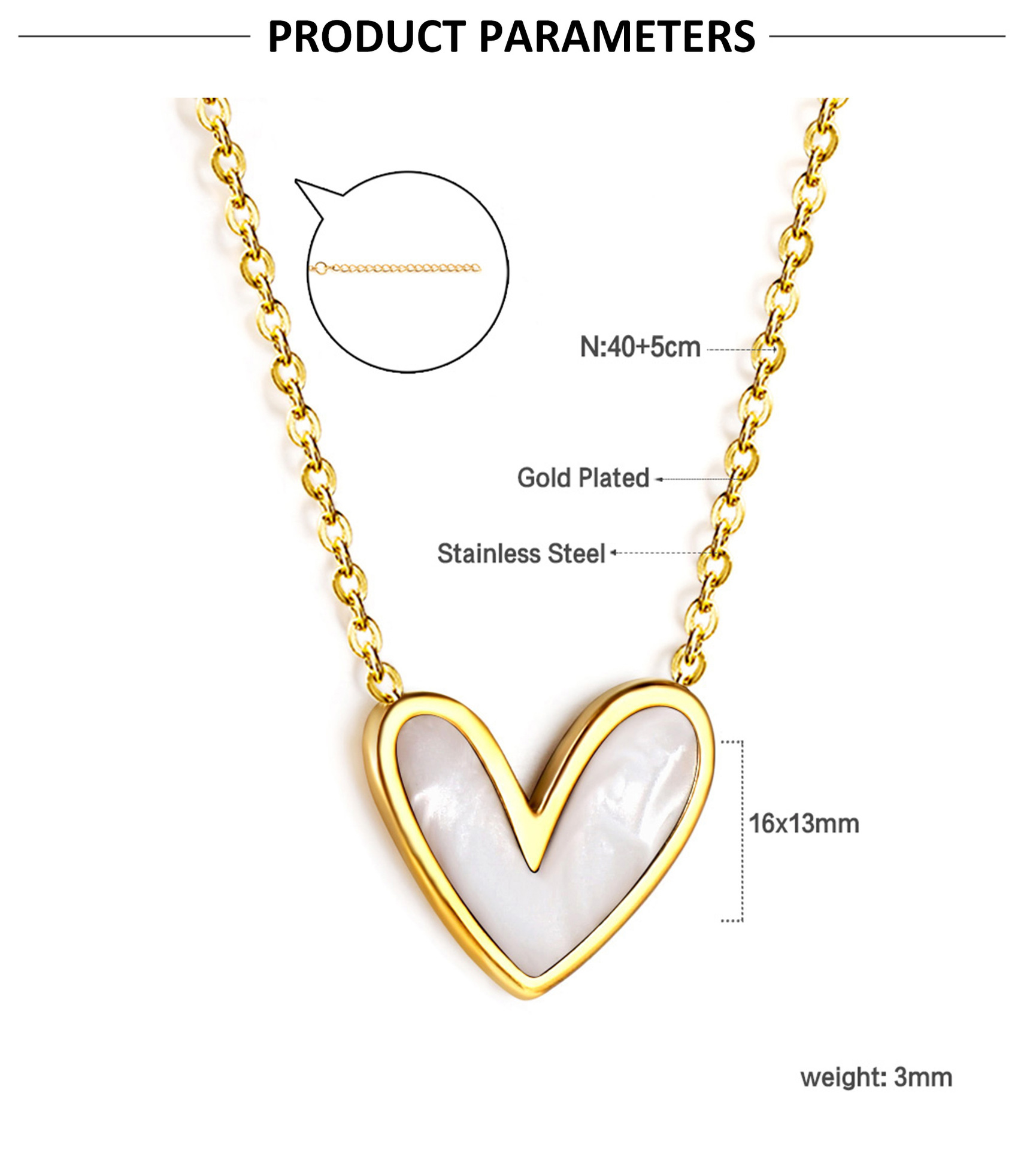 5g Weight Shell Inlay Material Necklace Classification cable chain, snake chain Chain Type Heart Shape Stainless Steel Titanium Steel Sweet Necklace
