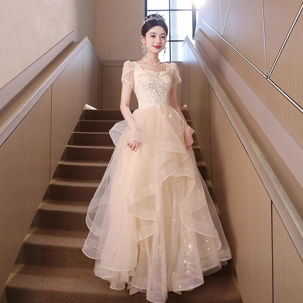 Champagne-Colored Evening Dress 2026 Spring New Style Light Luxury High-End Adult Ceremony Graduation Banquet Host Dress for Women