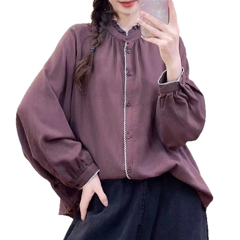 领双层棉纱时尚休闲长袖T恤女春秋新款宽松麻衬衫开衫上|undefined