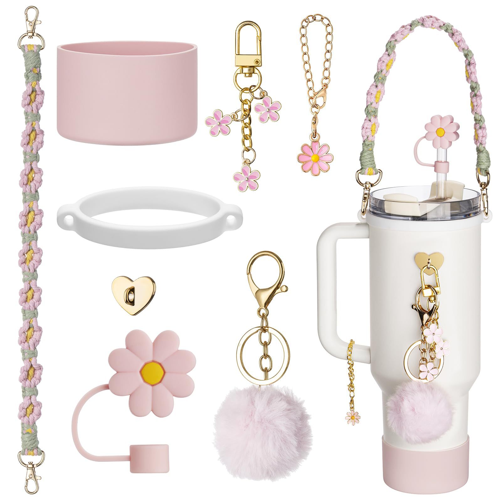 Ventas calientes accesorios de taza de agua stanley margarita cuerda de mano anillo de silicona gorra de paja flor bola de pelo de silicona taza de soporte