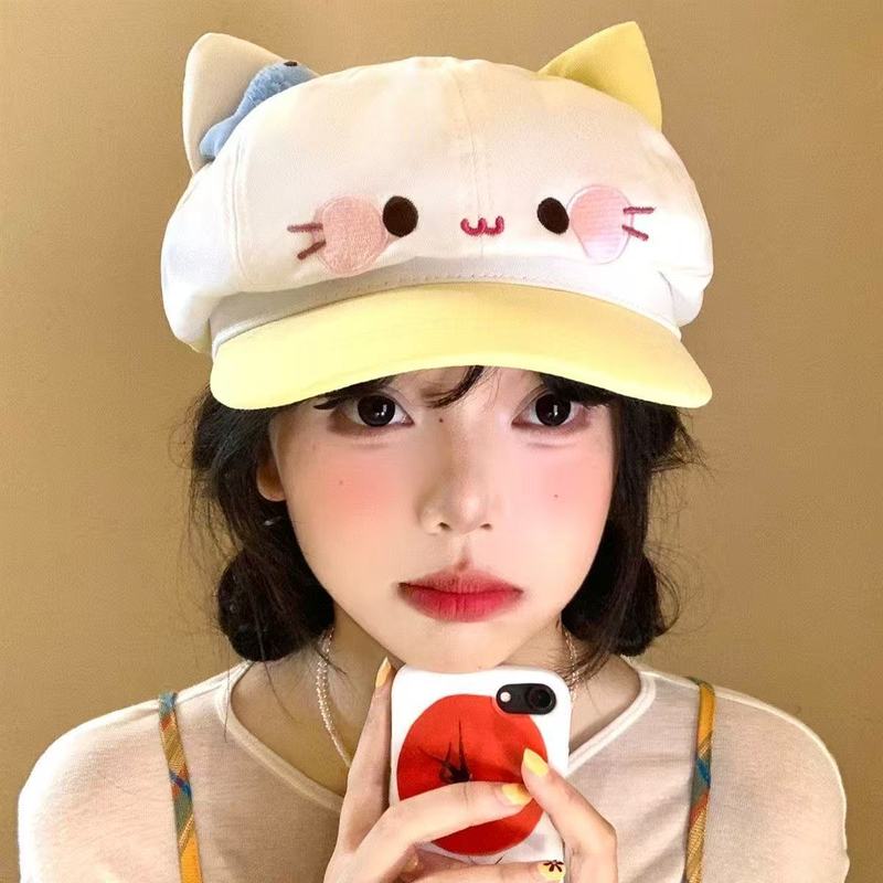 新款日系甜美可爱小鱼猫咪贝雷帽女卡通开学叠穿八角帽显脸小帽子|undefined