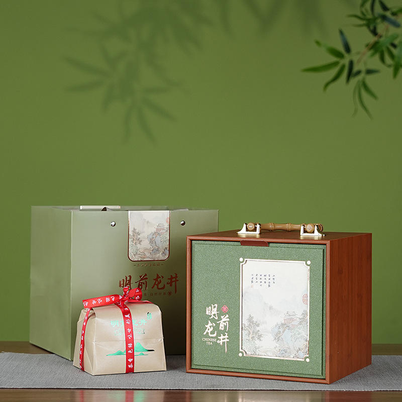 新款龙井茶叶方包散茶礼盒空盒高档明前龙井绿茶礼盒竹木空包装盒