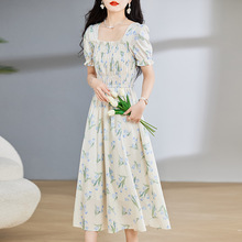 2024年夏装新款韩版修身时尚印花松紧腰休闲长款女装连衣裙AS9022
