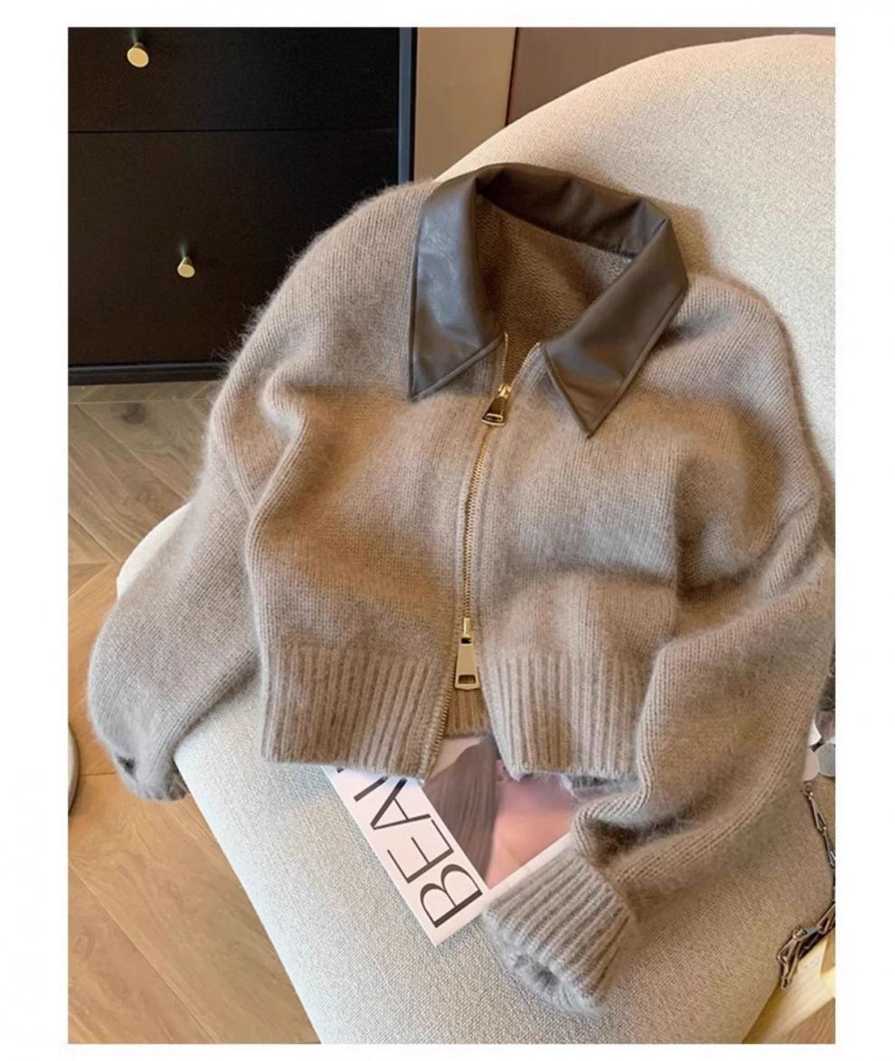Modieus damesvest met leren kraag en rits gebreide bovenkleding_voghion.com