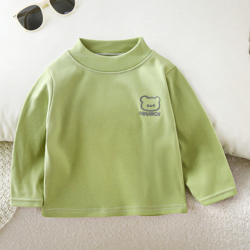 Children's spring, autumn, winter, velvet bottomed shirt, semi-high-collar, Korean style, small and medium-sized children's top, baby's long-sleeved warm T-shirt