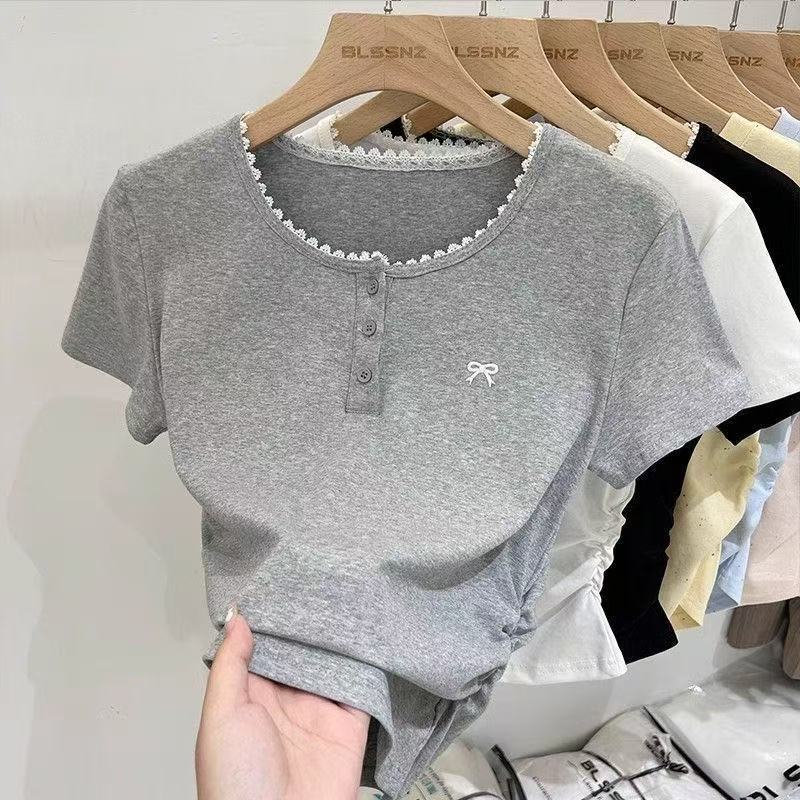 Korean Style Lace Short Shoulder Short-sleeved T-shirt Summer New Arrival Bow Slim-fit Slim-fit Short Top