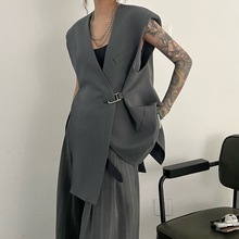 2024夏季新款ins潮设计感韩版宽松无袖无领西装马甲坎肩背心女潮