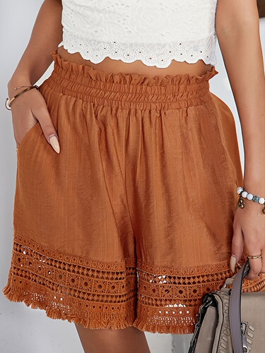 Women's Boho Solid Color Lace Cut out Tassel Pocket Shorts