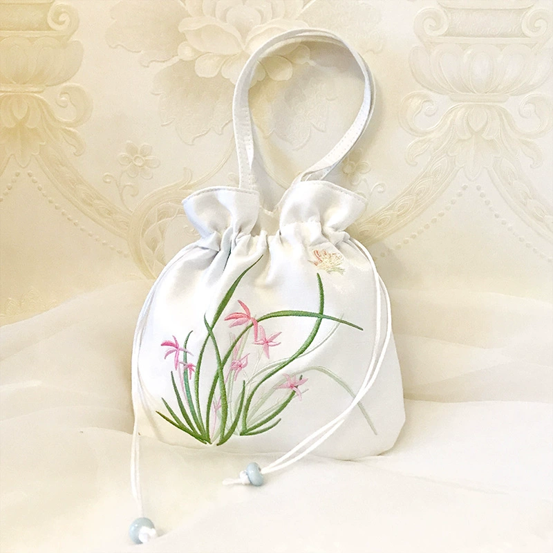 Handheld Hanfu Drawstring Bag, Embroidered Tassels, 22×22 cm, Handmade Accessory