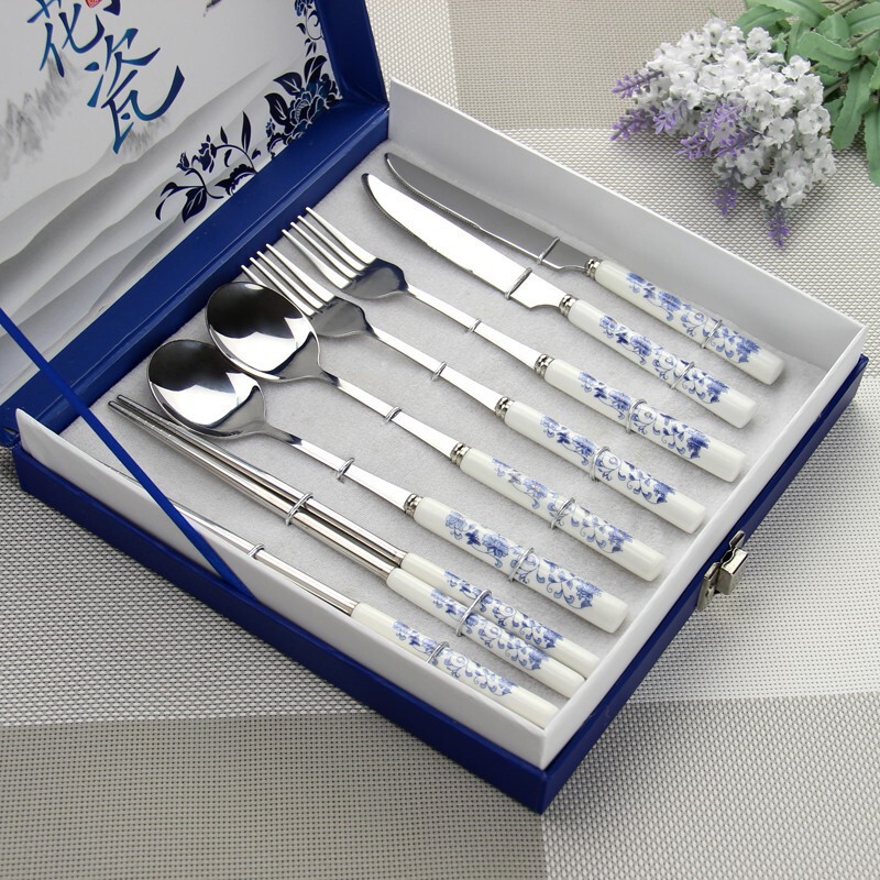Blue and White Porcelain ceramic stainless steel tableware suit eight-piece set ten or six-piece Chinese style gift suit tableware