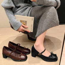 牛皮版~法式复古方头粗跟玛丽珍鞋女学院风绝美不累脚浅口小皮鞋