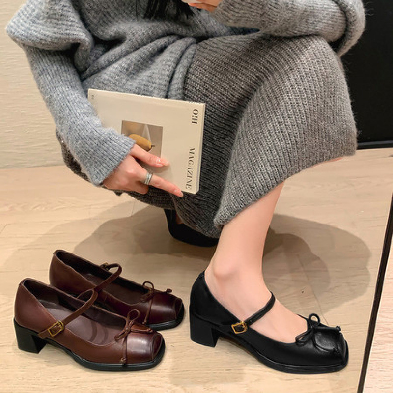 牛皮版~法式复古方头粗跟玛丽珍鞋女学院风绝美不累脚浅口小皮鞋