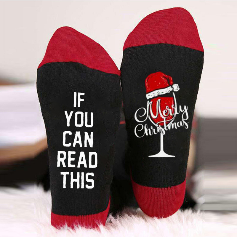 Calcetines navideños con letras de colores en contraste, estampado de muñeco de nieve, calcetines unisex de algodón con elementos navideños para comercio exterior.