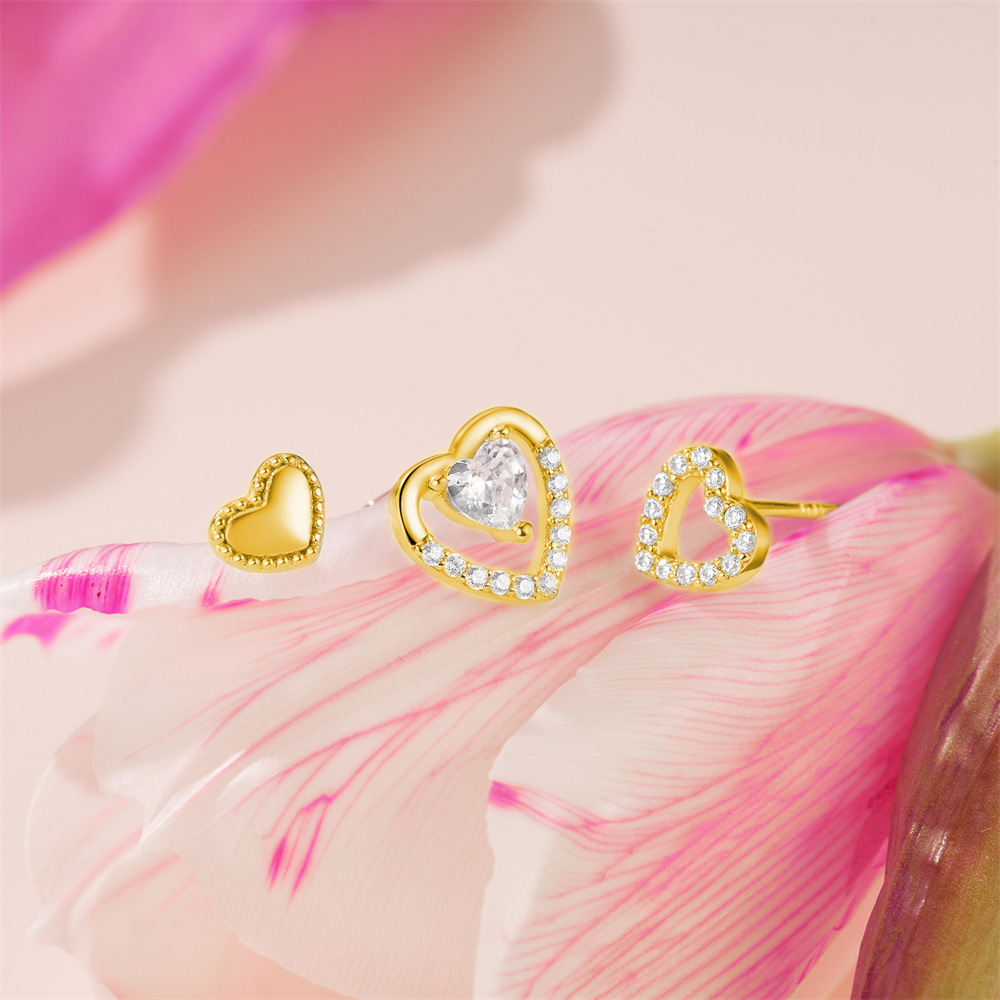 Heart Shape Pattern 3 Pieces Set 925 Sterling Silver Zircon Heart Shape Ear Studs