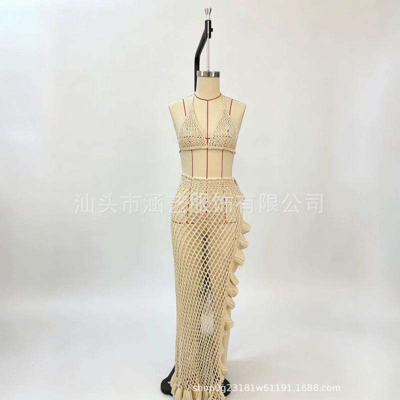 2026 New Crochet Hollow-Out Bikini Three-Piece Set with Ruffled Hem and Split Long Skirt Beach Cover-Up
